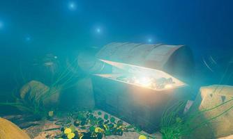 The old treasure chest sunk under the sea. The light shone out of the treasure chest. Under the sea atmosphere, there are rocks, sand, and treasure chest buried. 3D Rendering photo