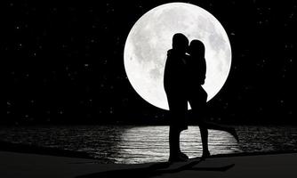 Silhouette Lovers Kissing Romanticly There is a full moon and a star full of the sky as the background. The moon's reflection is reflected in the river. Romance and marriage proposals. 3D Rendering photo