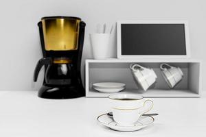 Black coffee in a white ceramic mug with gold rim and saucer. Blur Black and gold espresso machine  and Coffee cup storage on white background and white wallpaper.3D Rendering photo