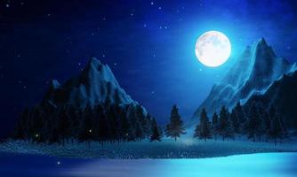 Wide grasslands with pine trees and mountains alternate in background. Full moon night bright stars are filling the sky. Night mountain scenery with fireflies flying above the ground. 3D Rendering photo