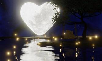 Full moon heart shape  night, but only half of the moon can be seen.The reflection of the moon on the river at night. The tree silhouette has the main scene of the moon. Clear sky, starry sky. photo