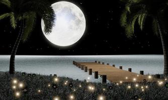 Full moon with full stars in the sky. The moon light reflected on the water's surface or Sea and  Ocean. Fireflies on the grass, there are flowers on the field. romantic atmosphere of valentine. photo