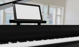 Learn piano online by yourself. Use a tablet or computer to learn piano tutorials online. The black grand piano has a tablet placed on a notebook stand. 3D Rendering. photo