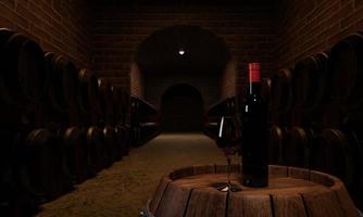 Red wine bottle and clear glass with red wine Put on a wine fermentation tank With many wine fermentation tanks placed close to the red brick wall. 3D Rendering photo