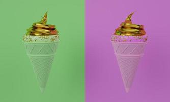 cono de helado verde lima y rosa. gofres crujientes y textura de helado rosa. relleno de helado dorado cubierto con puntos dorados de azúcar espolvoreado. helado sobre un fondo rosa. representación 3d foto