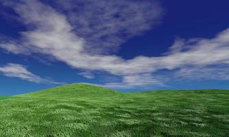 cielo azul y hermosa nube con pradera y sol. fondo de paisaje llano para el cartel de verano. la mejor vista para vacaciones. imagen de campo de hierba verde y cielo azul con nubes blancas. procesamiento 3d foto