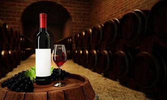 botella de vino tinto y vidrio transparente con vino tinto colocado en un tanque de fermentación de vino con muchas existencias de tanques de fermentación de vino colocadas cerca de la pared de ladrillo rojo en la bodega o en el sótano. representación 3d