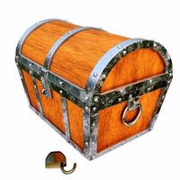 Old and broken vintage pirate treasure chest. Rotten and broken. For storing valuables Made of cracked wood And rusted metal texture Isolated on white background and wallpaper.3D Rendering. photo