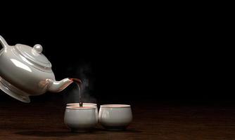 White ceramic teacup set On a wooden surface and a black background, pour the tea out of the pot onto the mug. 3D Rendering