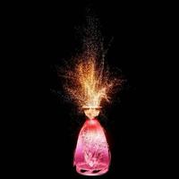 Light pods of light shoot out of the bottle that glows like magic. Multi-colored fluorescent dust. Abstract purple, pink, red and blue glitter particles. 3D Rendering photo