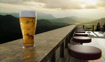 Cold beer in a clear glass bubble and beer foam Put on a long wooden table On the restaurant terrace on the mountain. The background is complex mountains and morning sunrises. 3D Rendering photo