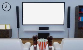 Home Theater with  Popcorn and soda in clear glass on table. Big wall screen TV and  Audio equipment use for Mini Home Theater. White Sofa on Wooden floor. 3D Rendering. photo