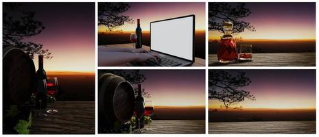 conjunto de fotos de bebidas, vino, cerveza, brandy, whisky en mesas de madera o troncos con fondo de paisaje de cielo matutino. antes del amanecer y hay una sombra del pino. representación 3d