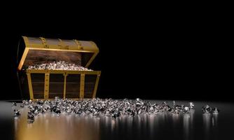muchos diamantes en el cofre del tesoro vintage dorado y cayendo al suelo se utilizan para el concepto de caja de almacenamiento de gemas. tesoro sobre fondo negro y reflejo en el suelo. procesamiento 3d foto