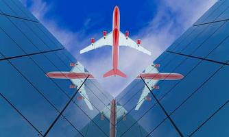 ángulo de elevación desde el piso avión de pasajeros vuela a través de edificios con muchas ventanas de vidrio. reflejo del cielo y nubes en el cielo y un avión de pasajeros 3d renderizado foto
