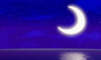The crescent moon floats on the sea, the stars fill the sky with a slight cloud cover. The sky has the moon at night Reflected light on the sea floor or ocean. Use for Background or Wallpaper photo