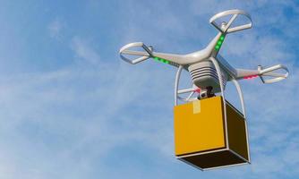 Parcel delivery service by drone. Delivery technology with a drone in the sky. Boxes are delivered via online shopping during Lockdown or Work from home covid-19 virus outbreak. 3d rendering. photo