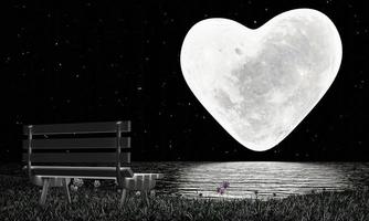 heart-shaped full moon with full stars in the sky. Moon reflected on water's surface. long bench made of wood on the grass with flowers on the field. The romantic atmosphere of valentine. 3D Rendering photo