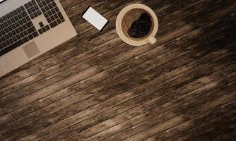 Wooden surface and plank desk table with laptop computer, cup of black coffee and smartphone. Top view with copy space, flat lay. 3D Rendering. photo