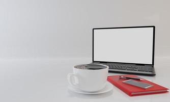 computadora portátil negra, taza de café negro, libro rojo y teléfono inteligente con fondo blanco y papel tapiz. vista superior con espacio de copia, plano. representación 3d foto