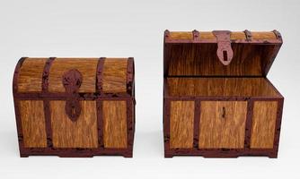 The old wooden treasure chest has a rusted metal frame. Brown wooden box with metal frame And rusty iron pins Place on a white background. 3D Rendering photo