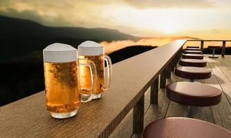 cerveza fría en una burbuja de vidrio transparente y espuma de cerveza puesta sobre una larga mesa de madera en la terraza del restaurante en la montaña. el fondo son montañas complejas y amaneceres matutinos. representación 3d foto