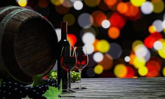 vino tinto en vasos y botellas transparentes. tanques de fermentación de vino y uvas verdes y uvas rojas sobre una mesa de madera. iluminación de fondo bokeh representación 3d foto