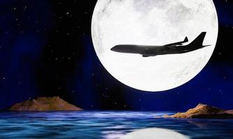 A passenger plane flies in front of the full moon. on the sea or ocean. Silhouette of a passenger plane with a background of a full moon on the sea with a deserted island below. 3D rendering photo