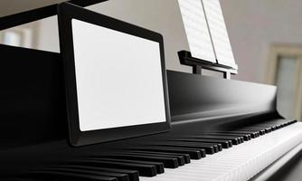 Learn piano online by yourself. Use a tablet or computer to learn piano tutorials online. The black grand piano has a tablet placed on a notebook stand. 3D Rendering. photo