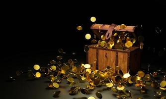 Numerous gold coins spilled out from the treasure chest. Old-style wooden treasure chest tightly assembled with rusted metal strips. 3D Rendering