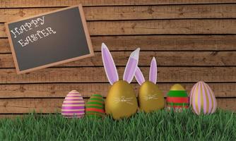 colorful Easter eggs  on grass wooden plank wall background. 3D rendering use for background and wallpaper. photo