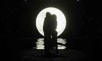 amantes de la silueta besándose románticamente hay una luna llena y una estrella llena del cielo como fondo. el reflejo de la luna se refleja en el río. Propuestas románticas y de matrimonio. representación 3d foto