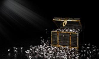 numerosos diamantes salieron disparados del cofre del tesoro. el cofre del tesoro está hecho de madera. poner en un piso de mármol hay luces y rayos de dios. representación 3d. foto