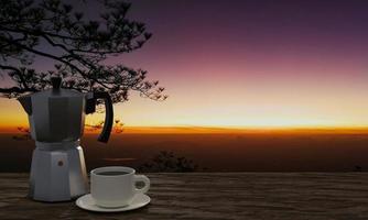 Black coffee in a white mug and Moka coffee pot. The wood surface or tree bark has a background in the pine trees and mountain ranges in the morning. The sun is rising. 3D Rendering photo