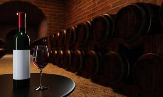 botella de vino tinto y vidrio transparente con vino tinto sobre una mesa de madera con muchos tanques de fermentación de vino en la bodega cerca de la pared de ladrillo rojo. representación 3d foto
