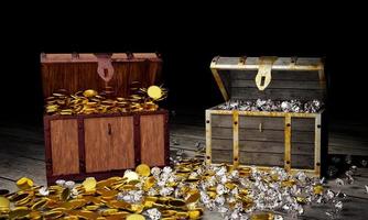 The treasure chest opened with many gold coins and diamonds scattered on the plank floor. The ancient wooden trunk rusted on the metal. 3D Rendering photo