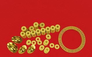 Golden coin and gold ingots of Chinese on red background  copy space in Happy chinese new year concept. 3D Rendering. photo