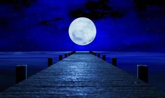 The full moon at night was full of stars and a faint mist. A wooden bridge extended into the sea. Fantasy image at night, super moon, sea water wave. 3D Rendering photo