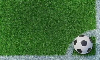 Lawn or soccer field with thick, soft green grass. A standard patterned soccer ball placed for corner kicks. Top view Football field. Background or Wallpaper. 3D lawn. 3D Rendering. photo