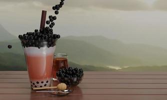Pourring black pearls jelly in glass of Bubble milk tea with brown straw. Honey in clear glass bottle and some bubble in cup on wooden table with Mountain view. 3D Rendering. photo