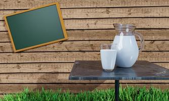 Fresh milk in clear glass and Jar on the marble surface table. The background was a wooden plank wall with a chalkboard for the note on the text. Fresh green grass on the floor. 3D Rendering photo