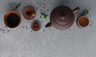 la tetera de arcilla marrón y la taza de té tienen té en la taza. los ingredientes del té tienen hojas de té secas en una taza de madera, miel y terrones de azúcar moreno en el plato. superficie de cemento o yeso blanco. representación 3d foto