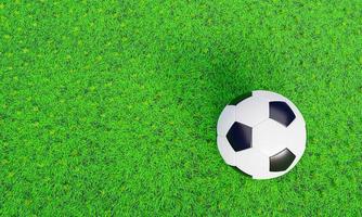 balón de fútbol realista o patrón básico de balón de fútbol en campo de hierba verde. Estilo 3d y concepto de representación para el juego. utilizar para fondo o papel tapiz. foto