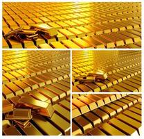 Lots of gold bars are arranged and arranged in a row. Conveys business lines and gold or stock markets and luxury. 3D Rendering. photo