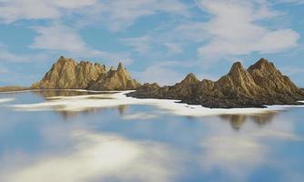 Deserted island and decorative rocks. Beautiful geological island rocks and beach . Island in the ocean with blue sky and white cloud. 3D Rendering. photo