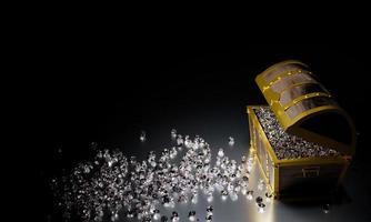 muchos diamantes en el cofre del tesoro vintage dorado y cayendo al suelo se utilizan para el concepto de caja de almacenamiento de gemas. tesoro sobre fondo negro y reflejo en el suelo. procesamiento 3d foto