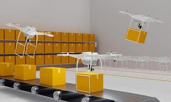 negocio de entregar paquetes con drones al cielo. almacén, cajas de paquetes sobre raíles transportadores. nueva tecnología de entrega de paquetes con drones. representación 3d foto