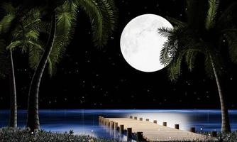 noche de luna llena, muchas estrellas llenan el cielo. un puente de madera se extiende hasta el mar o el muelle, con cocoteros en el camino. escena romántica junto al mar en un puente de madera de luna llena. representación 3d foto