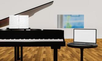 Aprende piano en línea por ti mismo. use una tableta o computadora para aprender tutoriales de piano en línea. el piano de cola negro tiene una tableta colocada en un soporte para computadora portátil. representación 3d