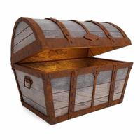 Old and broken vintage pirate treasure chest. Rotten and broken. For storing valuables Made of cracked wood And rusted metal texture Isolated on white background and wallpaper.3D Rendering. photo